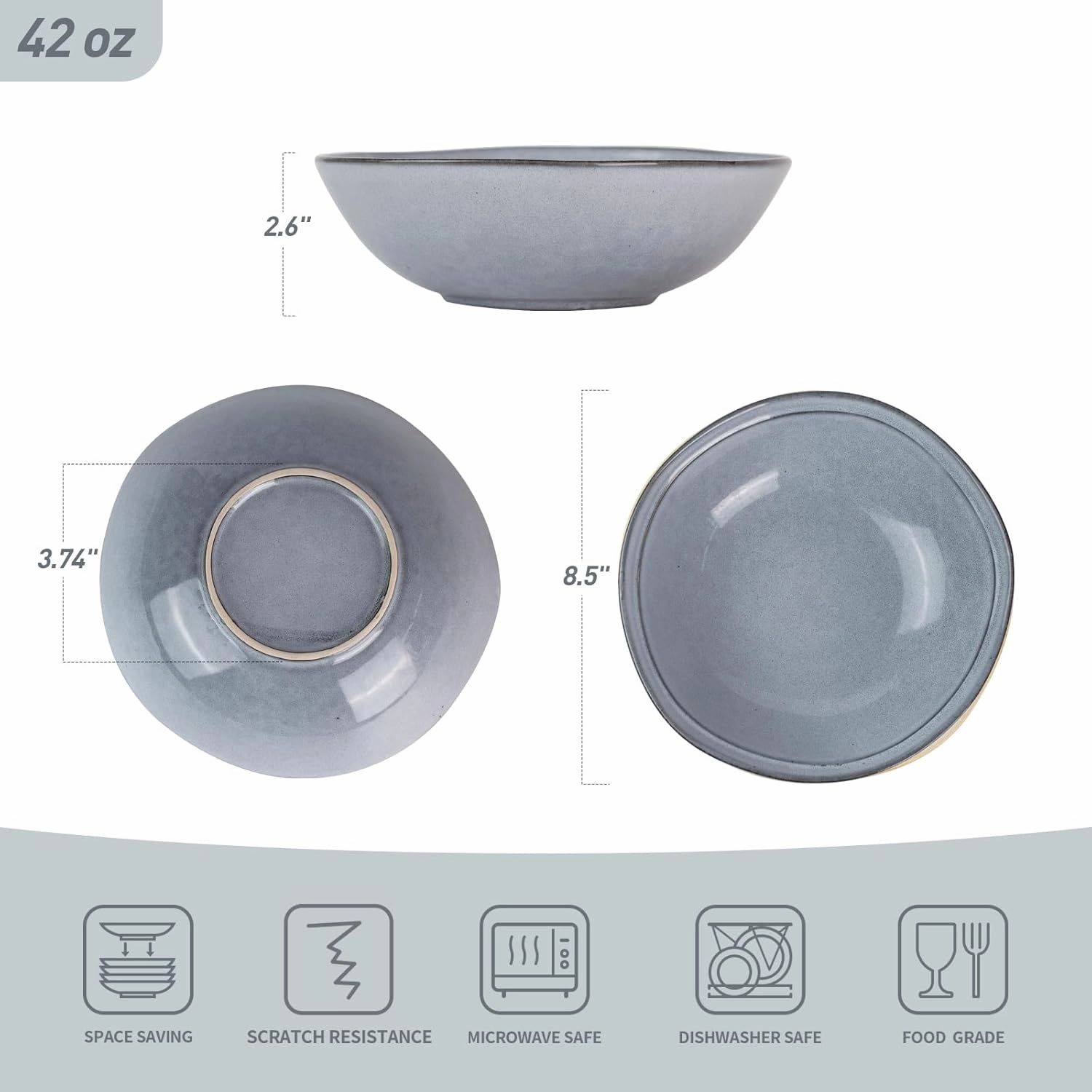 famiware Pasta Bowls Set of 4, 42oz Deep Salad Bowls for Eating - Aegean Stoneware Large Soup Bowl Dish Set - Microwave and Dishwasher Safe, Irregular Round, Blue Grey