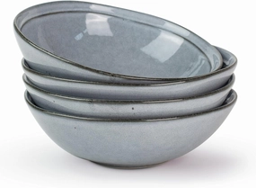 famiware Pasta Bowls Set of 4, 42oz Deep Salad Bowls for Eating - Aegean Stoneware Large Soup Bowl Dish Set - Microwave and Dishwasher Safe, Irregular Round, Blue Grey
