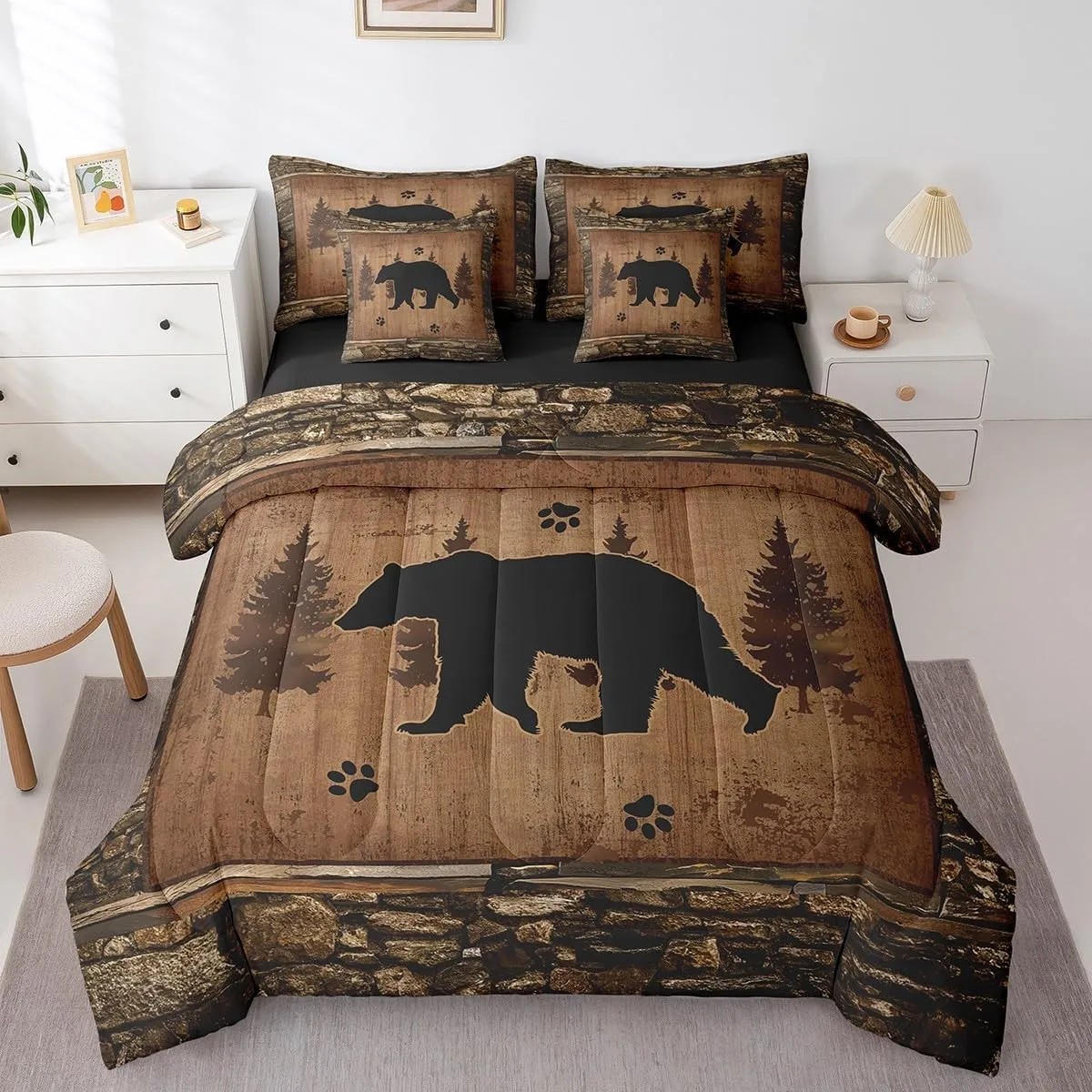 Feelyou Bear Comforter Set with Sheets Full Size 7 Piece Kids Rustic Bear Bedding Set Cabin Lodge Bed in a Bag Farmhouse Nature Wildlife Brown
