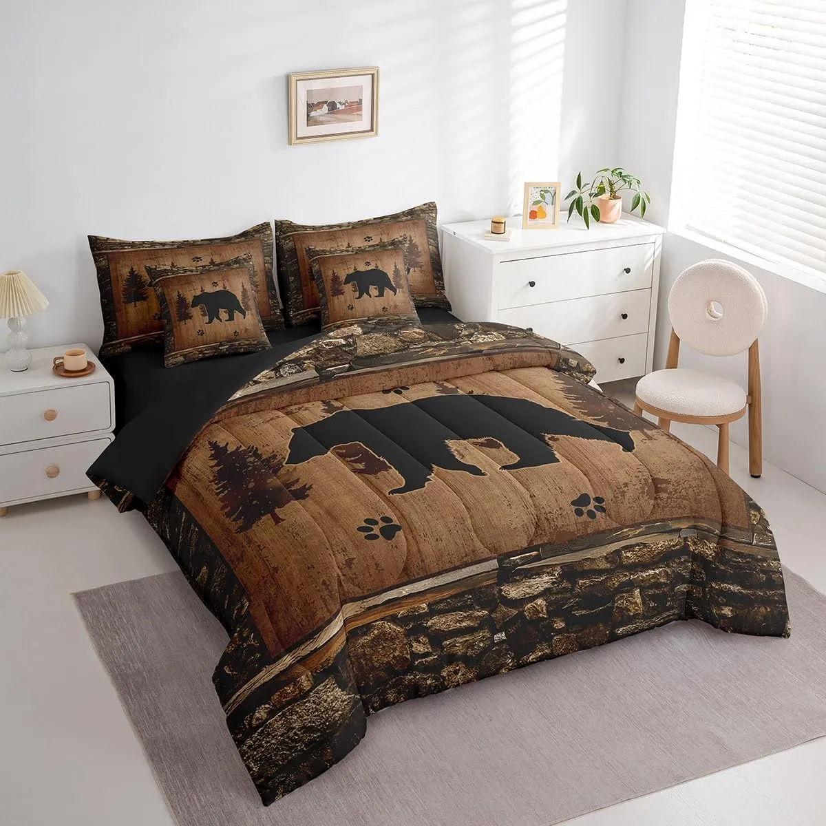 Feelyou Bear Comforter Set with Sheets Full Size 7 Piece Kids Rustic Bear Bedding Set Cabin Lodge Bed in a Bag Farmhouse Nature Wildlife Brown