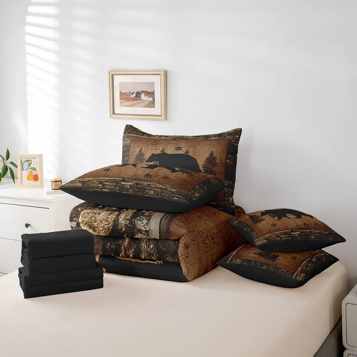 Feelyou Bear Comforter Set with Sheets Full Size 7 Piece Kids Rustic Bear Bedding Set Cabin Lodge Bed in a Bag Farmhouse Nature Wildlife Brown