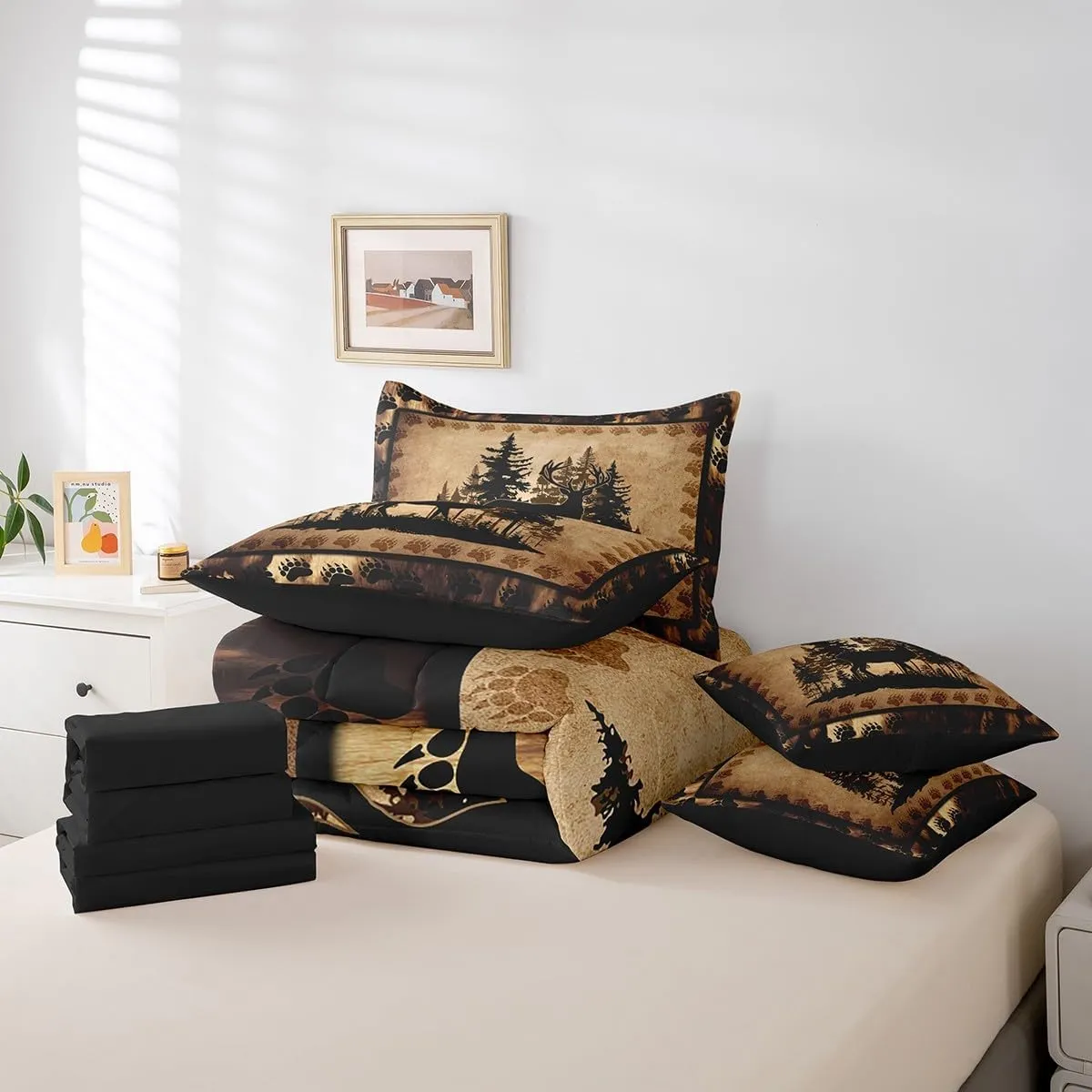 Feelyou Cute Deer Comforter Set with Sheets 7 Piece Full Size for Girls Boys Kids Deer Hunting Bed in a Bag Room Decorative Bear Paw Print Tree Pattern Bedding Set Exotic Style Brown Bed Set