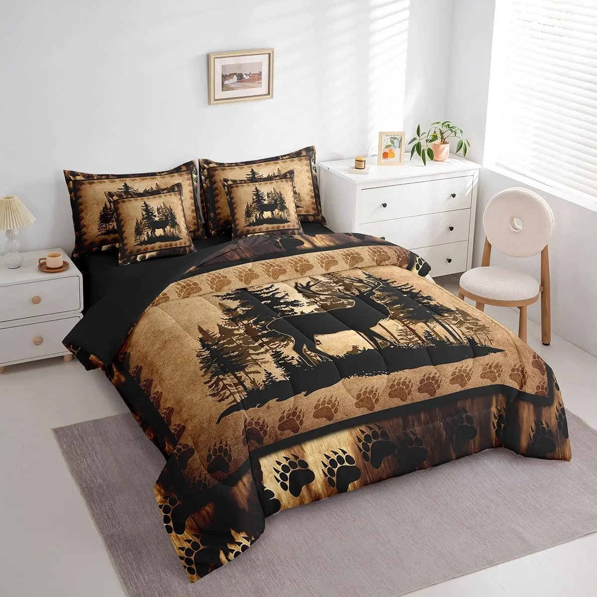 Feelyou Cute Deer Comforter Set with Sheets 7 Piece Full Size for Girls Boys Kids Deer Hunting Bed in a Bag Room Decorative Bear Paw Print Tree Pattern Bedding Set Exotic Style Brown Bed Set