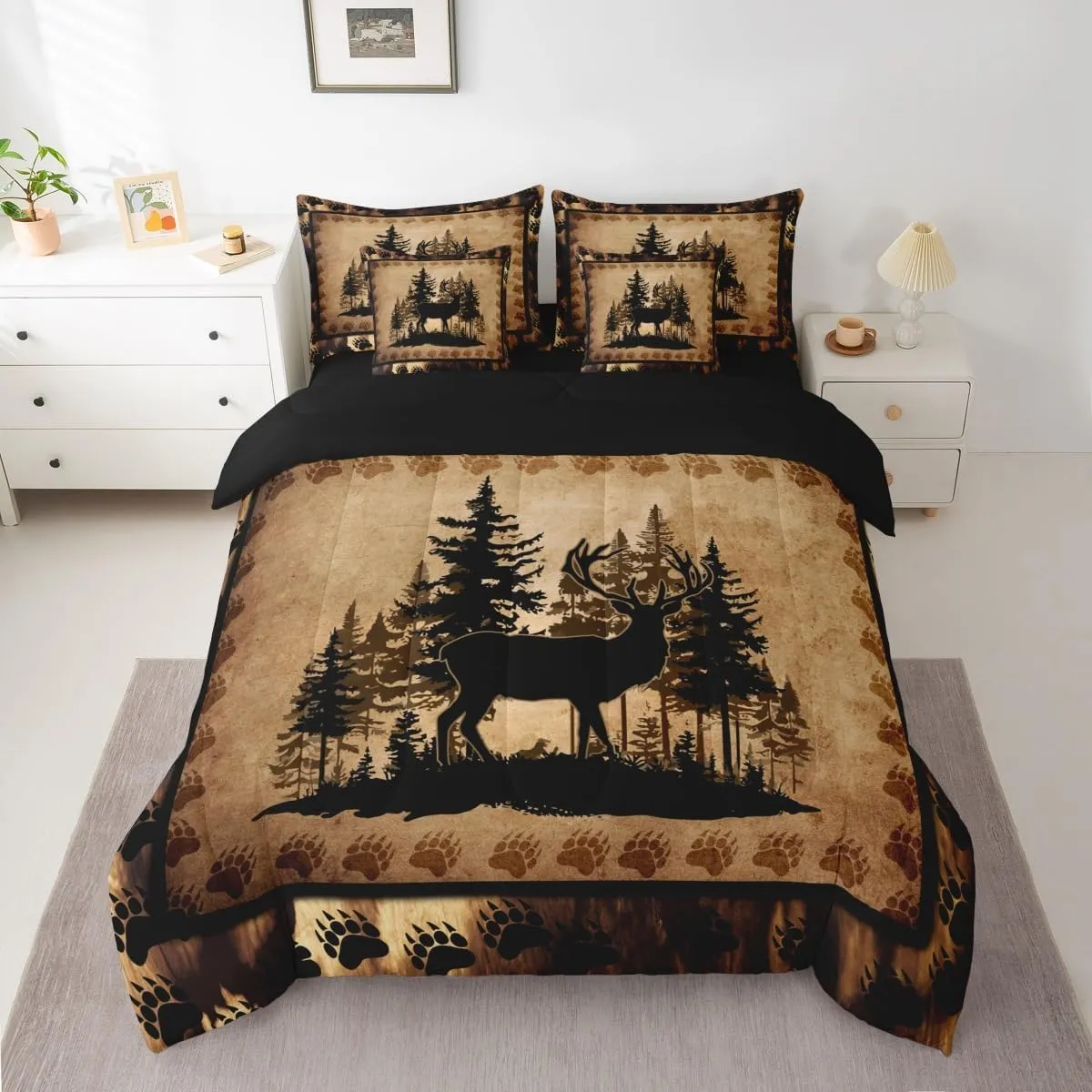 Feelyou Cute Deer Comforter Set with Sheets 7 Piece Full Size for Girls Boys Kids Deer Hunting Bed in a Bag Room Decorative Bear Paw Print Tree Pattern Bedding Set Exotic Style Brown Bed Set