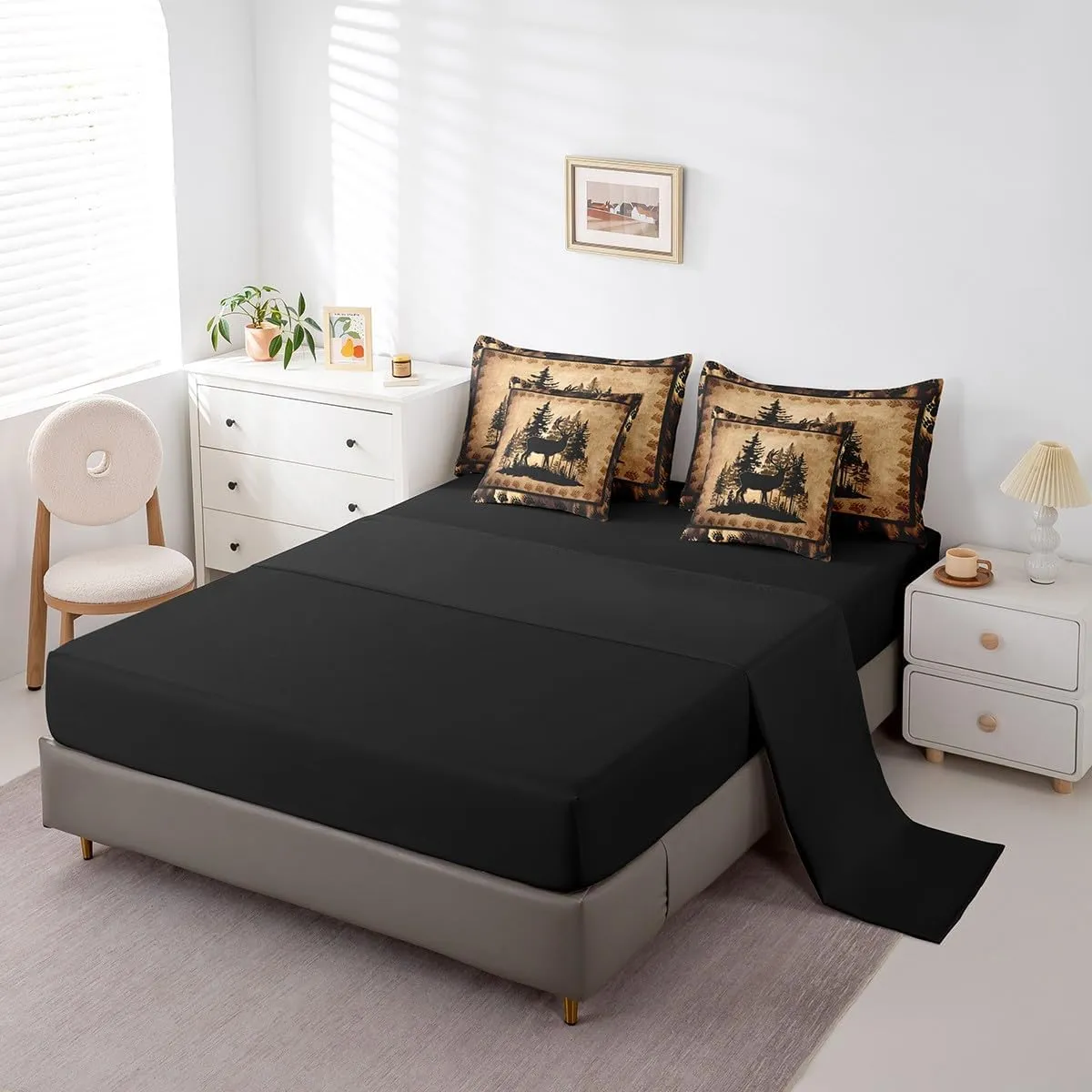 Feelyou Cute Deer Comforter Set with Sheets 7 Piece Full Size for Girls Boys Kids Deer Hunting Bed in a Bag Room Decorative Bear Paw Print Tree Pattern Bedding Set Exotic Style Brown Bed Set