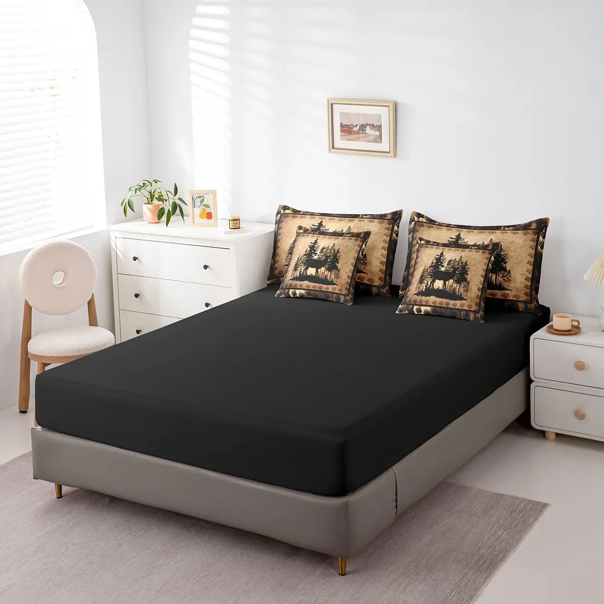 Feelyou Cute Deer Comforter Set with Sheets 7 Piece Full Size for Girls Boys Kids Deer Hunting Bed in a Bag Room Decorative Bear Paw Print Tree Pattern Bedding Set Exotic Style Brown Bed Set