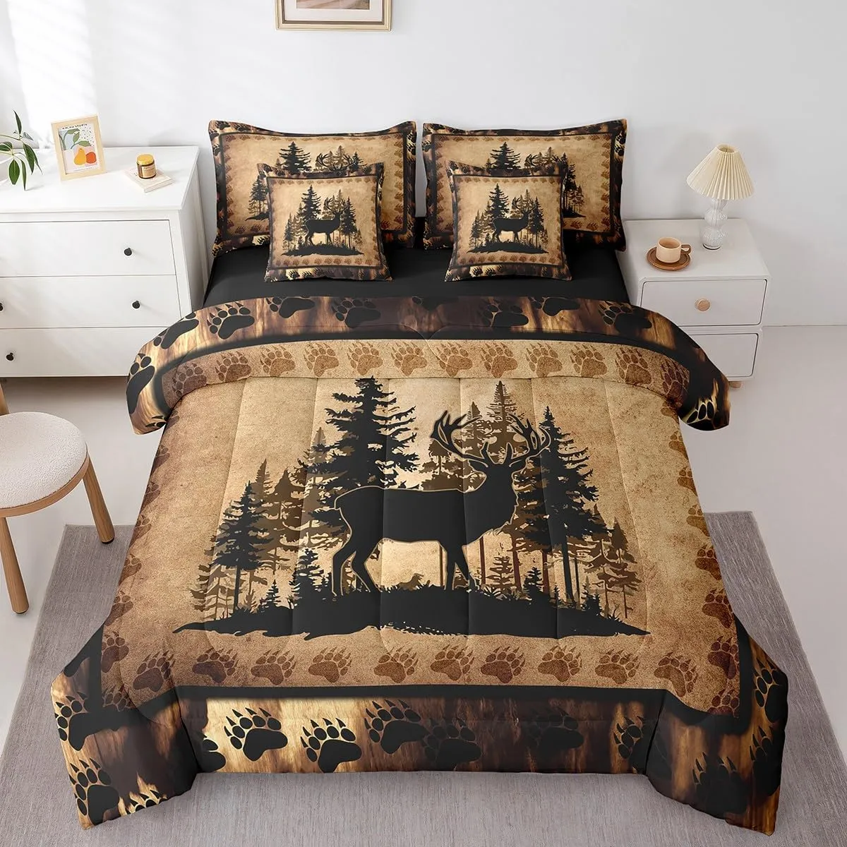 Feelyou Cute Deer Comforter Set with Sheets 7 Piece Full Size for Girls Boys Kids Deer Hunting Bed in a Bag Room Decorative Bear Paw Print Tree Pattern Bedding Set Exotic Style Brown Bed Set