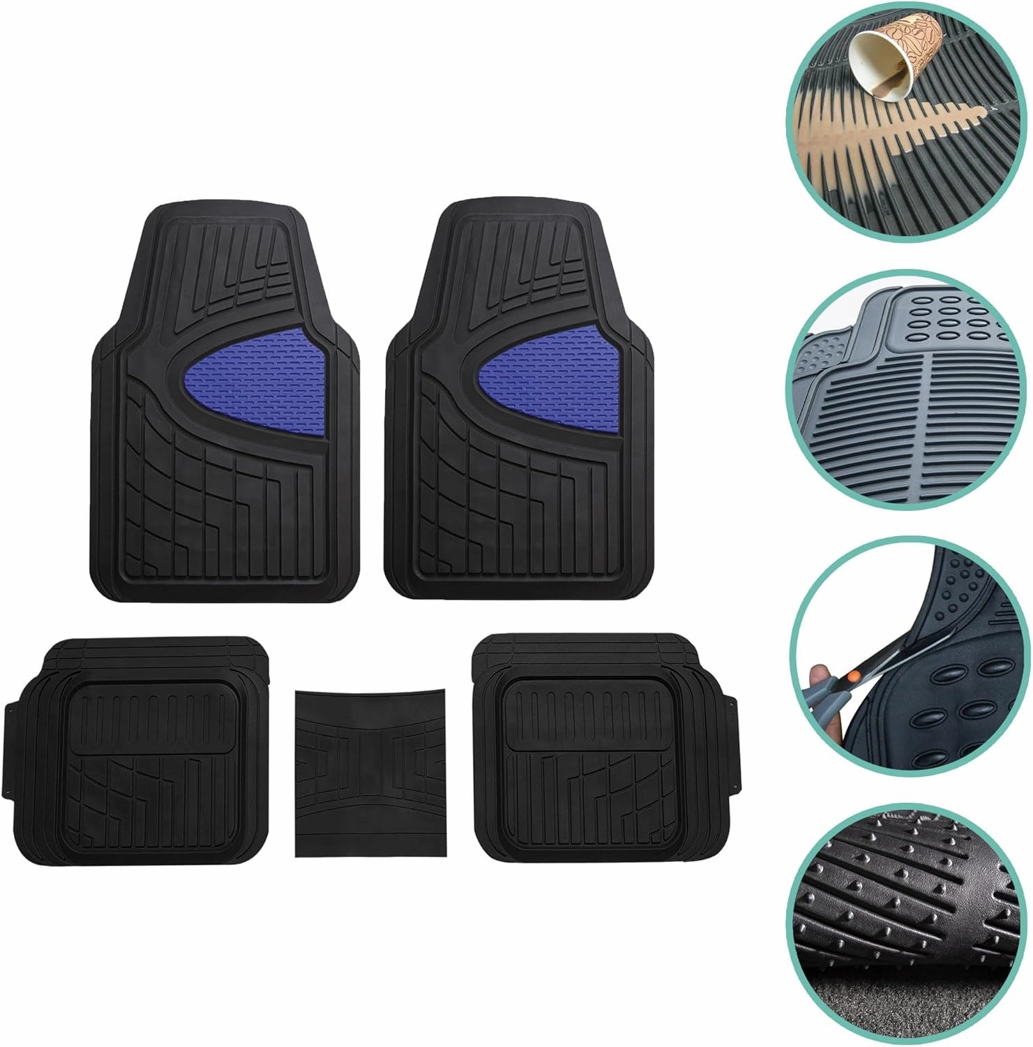 FH Group Car Floor Mats - Heavy-Duty Rubber Floor Mats for Cars, Universal Fit Full Set, Trimmable Automotive Floor Mats, Climaproof Floor Mats for Most Sedan, SUV, Truck Floor Mats Blue