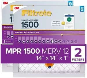 Filtrete 14x14x1 AC Furnace SMART Air Filter, MERV 12, MPR 1500, Track Filter Life With Bluetooth Enabled Sensor, CERTIFIED asthma & allergy friendly, 2-Pack (Actual Size 13.84x13.84x1.1 in)