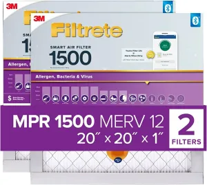 Filtrete 20x20x1 AC Furnace SMART Air Filter, MERV 12, MPR 1500, Track Filter Life With Bluetooth Enabled Sensor, CERTIFIED asthma & allergy friendly, 2-Pack (Actual Size 19.719x19.719x0.78 in)