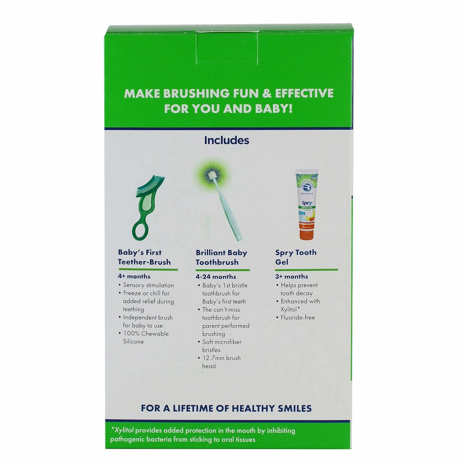 First Teeth Oral Care Kit by Brilliant Oral Care - Includes Baby's 1st Teether Brush, Brilliant Baby Toothbrush & 2oz Spry Strawberry-Banana Tooth Gel 4 Months Old and Up, Pink (00545P)