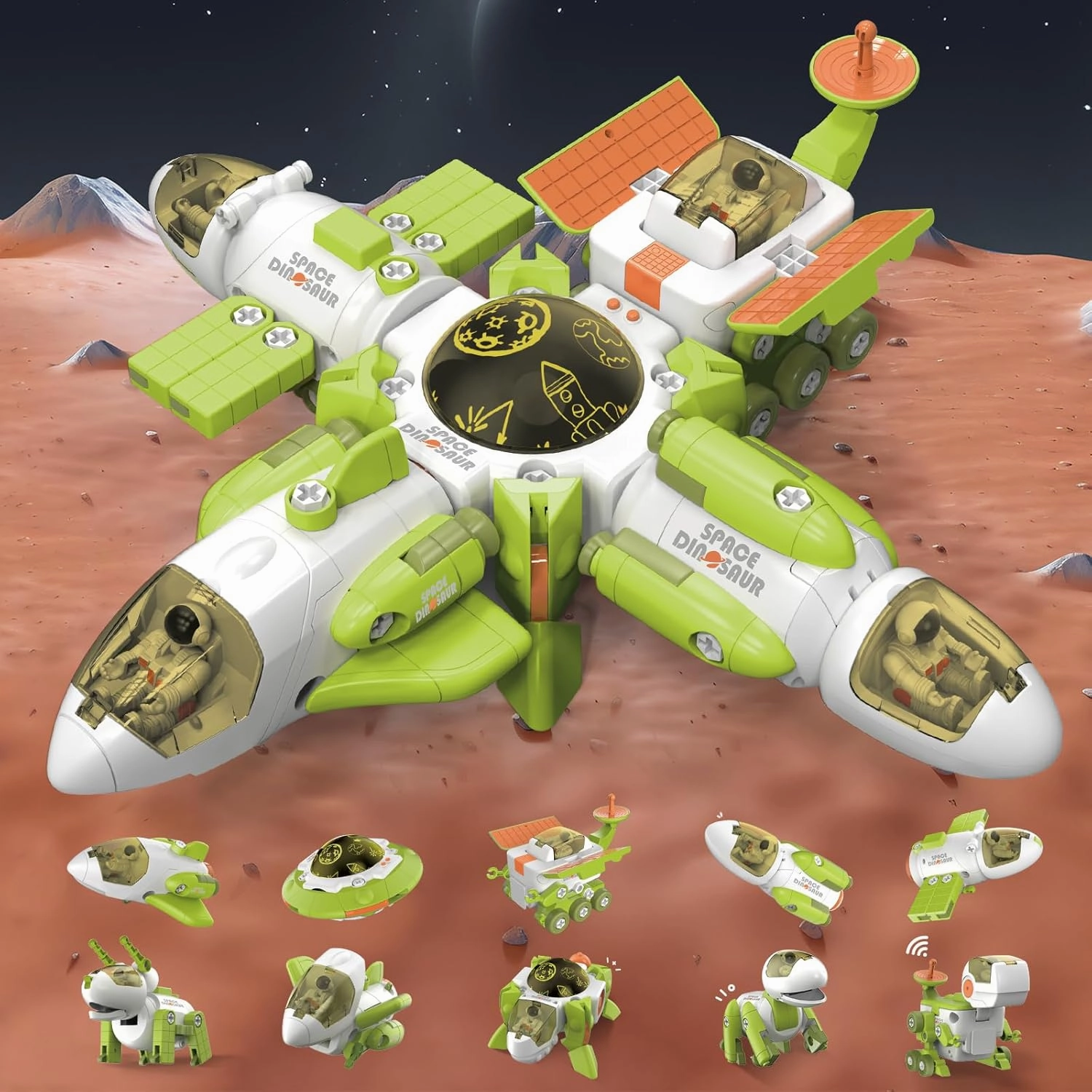 Fistone Space Toys and Dinosaur Toys, 10-in-1 Transforming Set with Space Shuttle, Flying Saucer, Satellite, Space Rover, Rocket and Dinosaur Toys, Spaceship Toy Gifts for Boys and Girls Age 5 