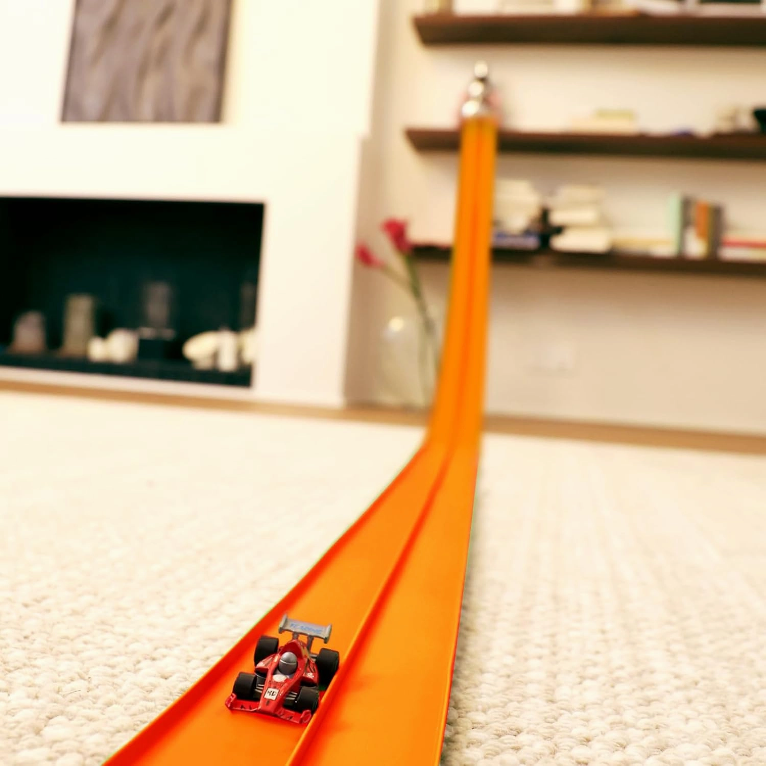 Flex Track 15 Ft Starter Set with Suction Cups Compatible with Hot Wheels and Diecast 1/64th Cars for Ages 3 & Up Green Gray Orange Classic Long Rolls Up Portable Racetrack (Orange)