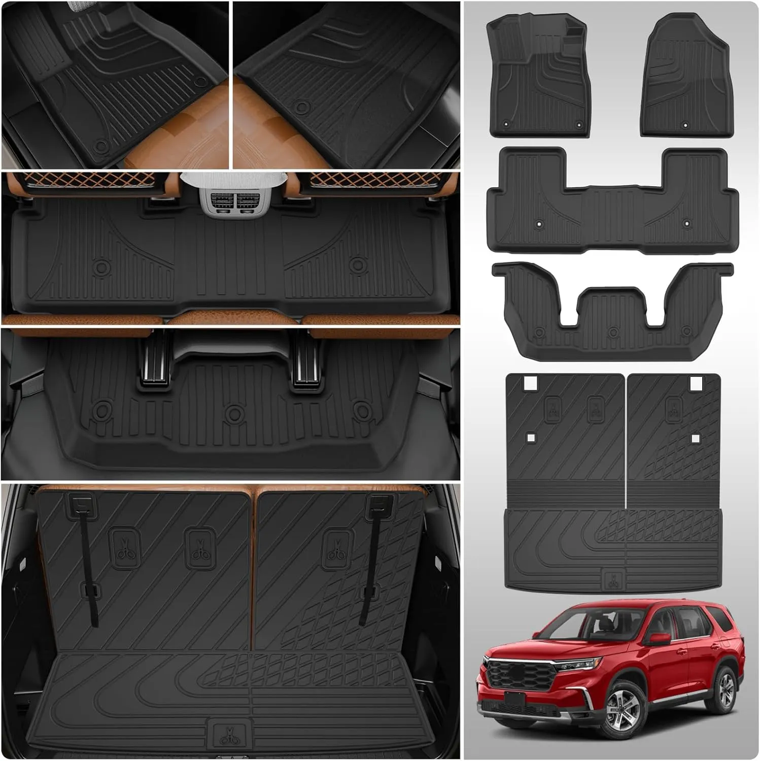 Floor Mats and Cargo Liner with Backrest Mat Fit for Honda Pilot 2023 2024 2025, TPE Rubber All Weather Trunk Mat and Floor Liners - Waterproof Full Set Durable Nonslip Car Mats, Black