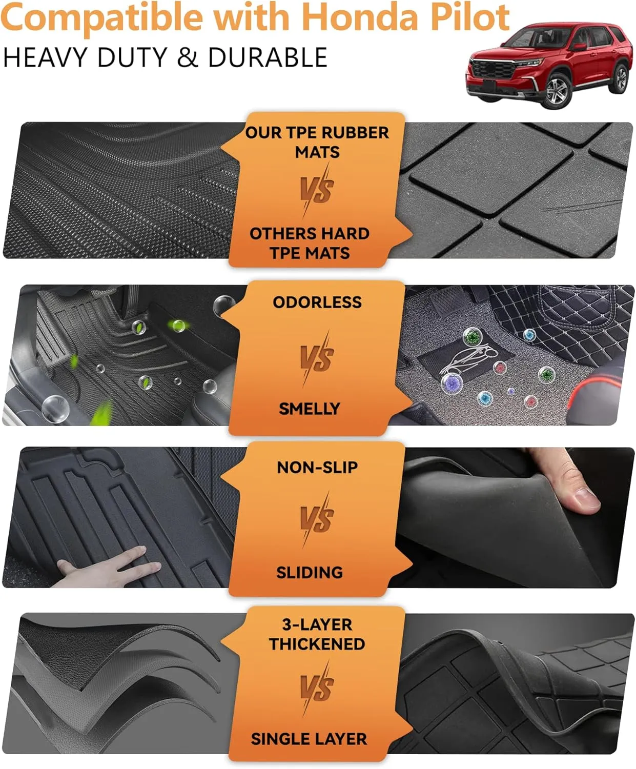 Floor Mats and Cargo Liner with Backrest Mat Fit for Honda Pilot 2023 2024 2025, TPE Rubber All Weather Trunk Mat and Floor Liners - Waterproof Full Set Durable Nonslip Car Mats, Black