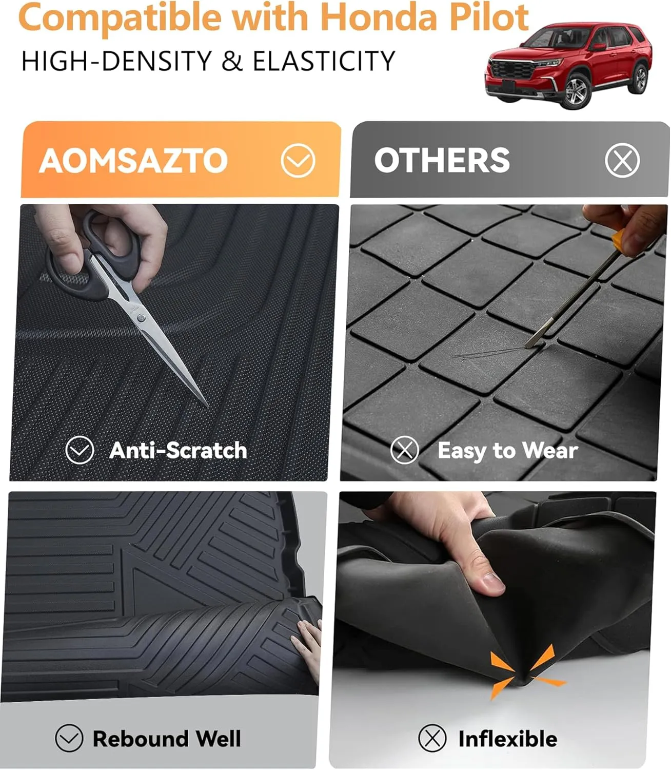 Floor Mats and Cargo Liner with Backrest Mat Fit for Honda Pilot 2023 2024 2025, TPE Rubber All Weather Trunk Mat and Floor Liners - Waterproof Full Set Durable Nonslip Car Mats, Black