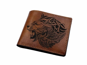 Floral zentangle animal drawing art, lion leather handmade wallet, personalized gift for lion men