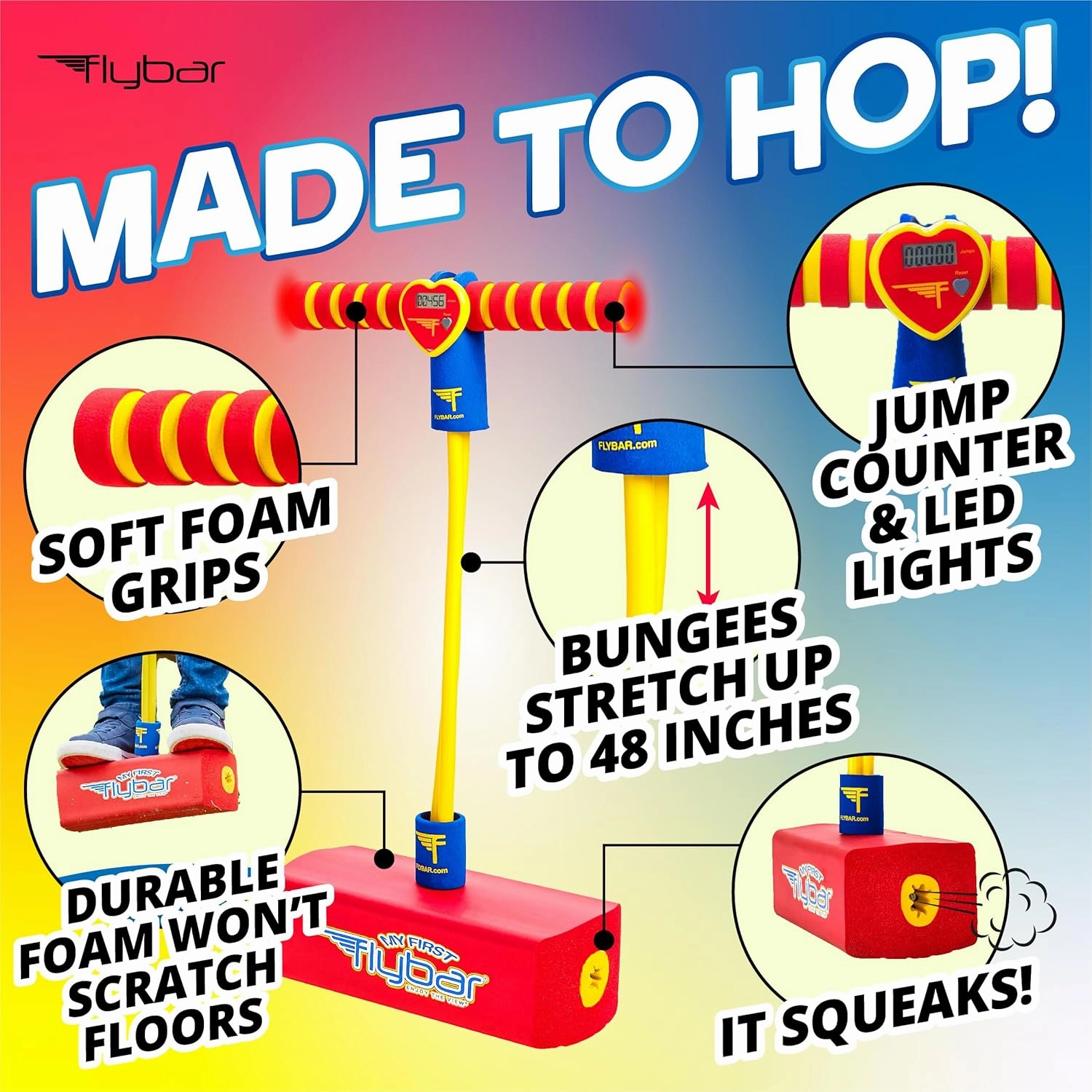Flybar My First Foam Pogo Jumper for Kids Fun and Safe Pogo Stick for Toddlers, Durable Foam and Bungee Jumper for Ages 3 and up, Supports up to 250lbs
