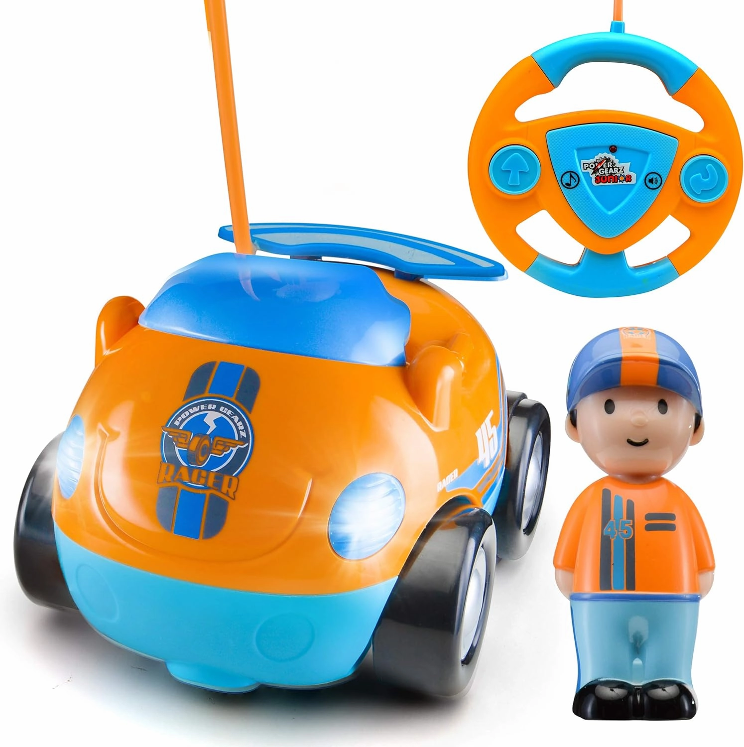 Flybar Power Gearz Jr. My First Cartoon RC Race Car Remote Control Car for Toddlers, Baby, Boys and Girls (Orange Racing Car)
