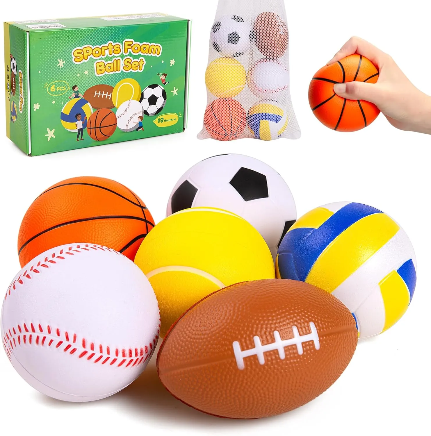 Foam Balls for Toddlers Kids, Baby Toys, Balls for Toddlers 1-3, 6 Pack 3.5" Soft Baseballs, Soccer, Basketball, Football, Volleyball and Tennis, Indoor Outdoor Play Toys Gifts for Boys Girls