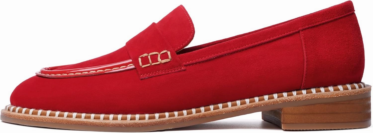 FOGEENA Womens Penny Round Toe Casual Fashion Slip On Suede Leather Chunky Low Heel Loafers Dress Shoes 1 Inch