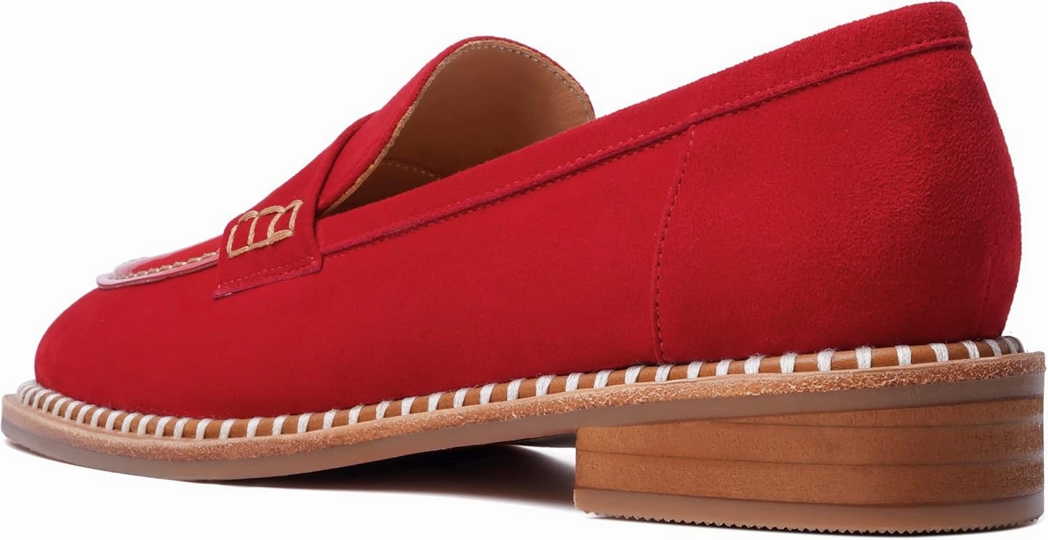FOGEENA Womens Penny Round Toe Casual Fashion Slip On Suede Leather Chunky Low Heel Loafers Dress Shoes 1 Inch