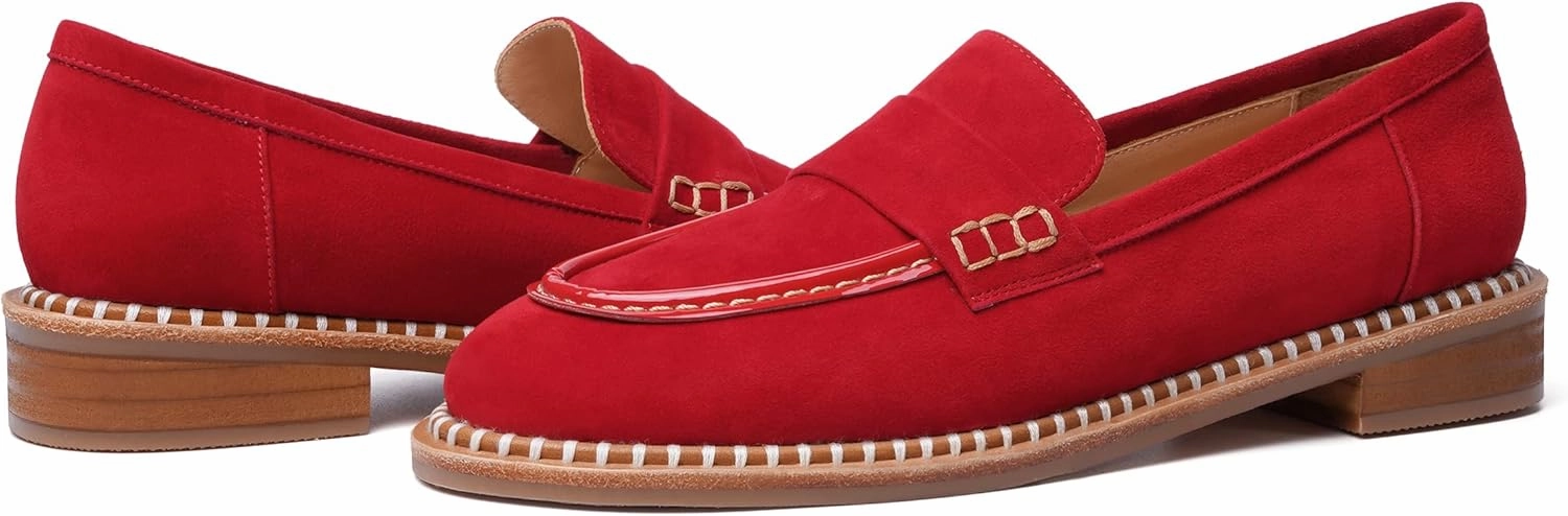 FOGEENA Womens Penny Round Toe Casual Fashion Slip On Suede Leather Chunky Low Heel Loafers Dress Shoes 1 Inch