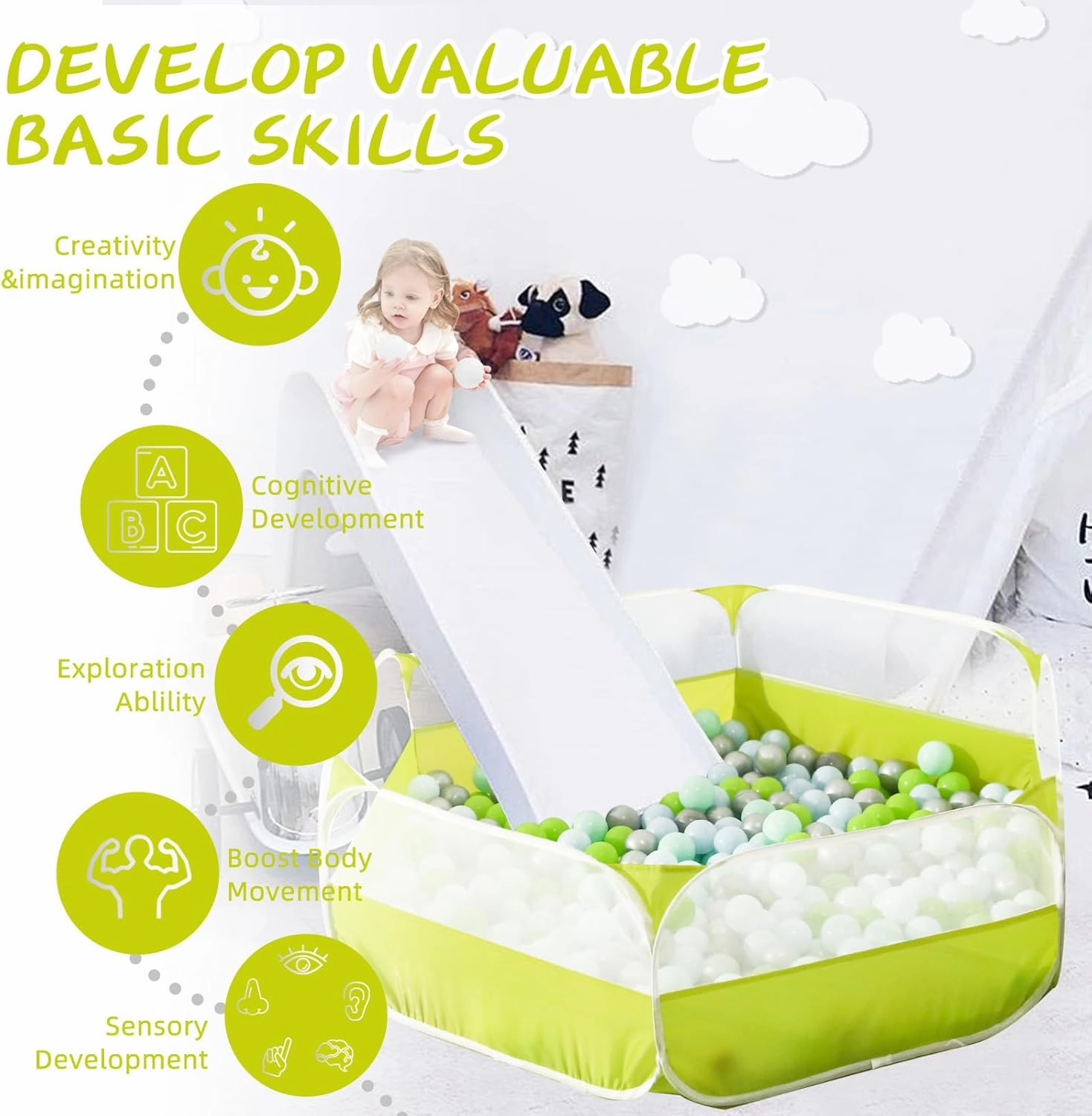 Foldable Ball Pit for Toddlers, Large Pop Up Ball Pits Kids Play Tent Crawl Playpen Ball Pool Playhouse Playpen with Storage Bag, for Boys Girls Dogs Cats Ferrets Indoor Outdoor, Green