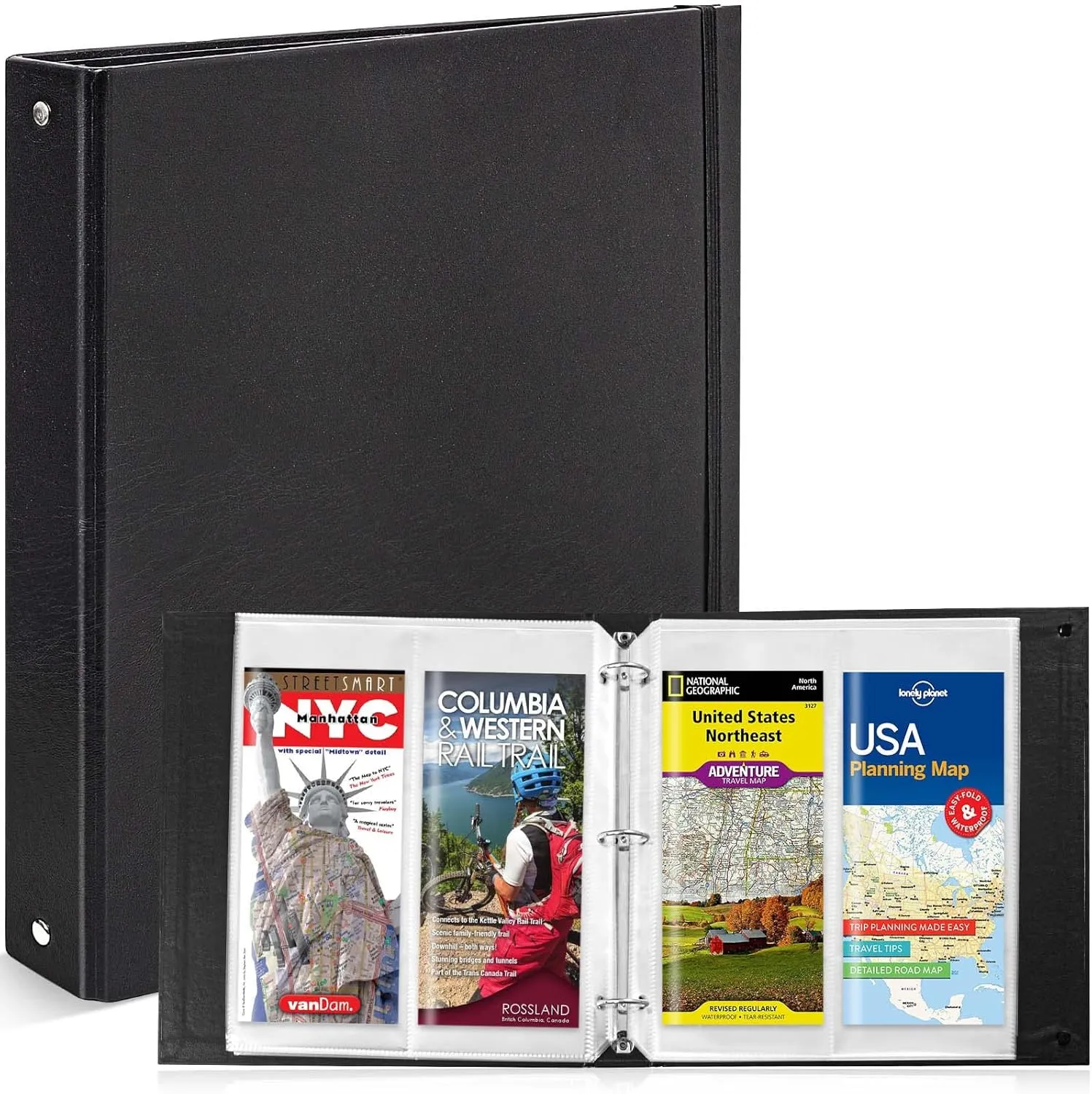 Folded Map Binder, Brochure Holder, 1.2'' Capacity 3 Ring Binder, 20 Map Sleeves