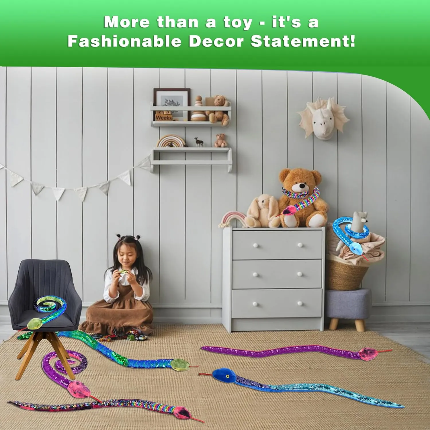 Forest & Twelfth 67” Reversible Flip Sequin Snake Stuffed Animal Toys for Kids, Sensory Fidget Toy, Soft Plush, Cool Room Decor for Girls & Boys (Blue-Green/Lime Green)