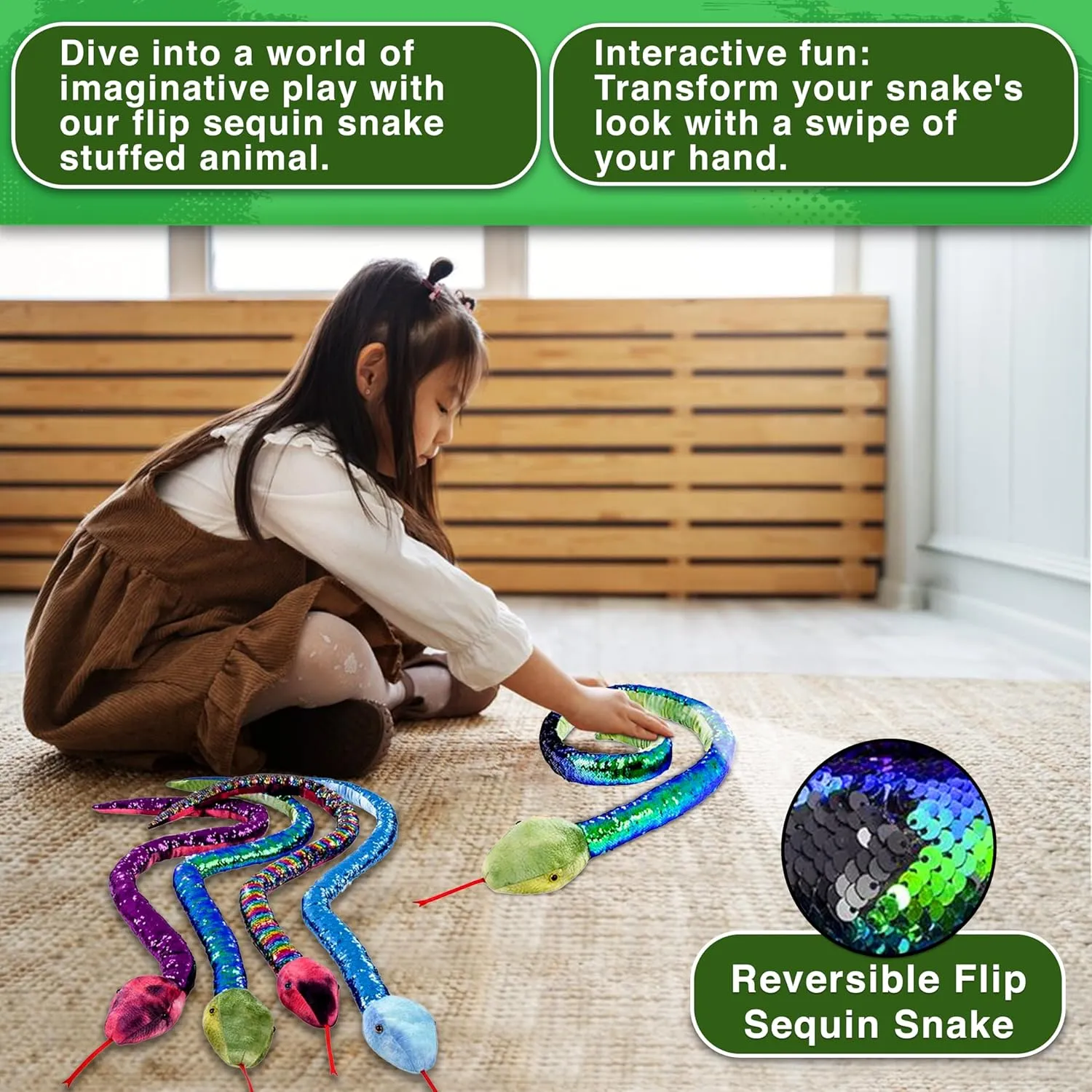 Forest & Twelfth 67” Reversible Flip Sequin Snake Stuffed Animal Toys for Kids, Sensory Fidget Toy, Soft Plush, Cool Room Decor for Girls & Boys (Blue-Green/Lime Green)