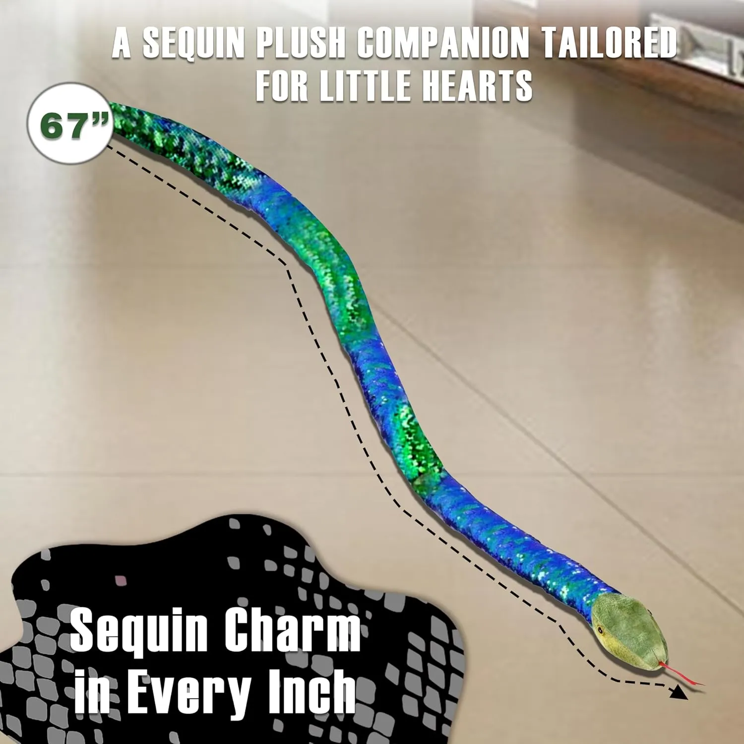 Forest & Twelfth 67” Reversible Flip Sequin Snake Stuffed Animal Toys for Kids, Sensory Fidget Toy, Soft Plush, Cool Room Decor for Girls & Boys (Blue-Green/Lime Green)