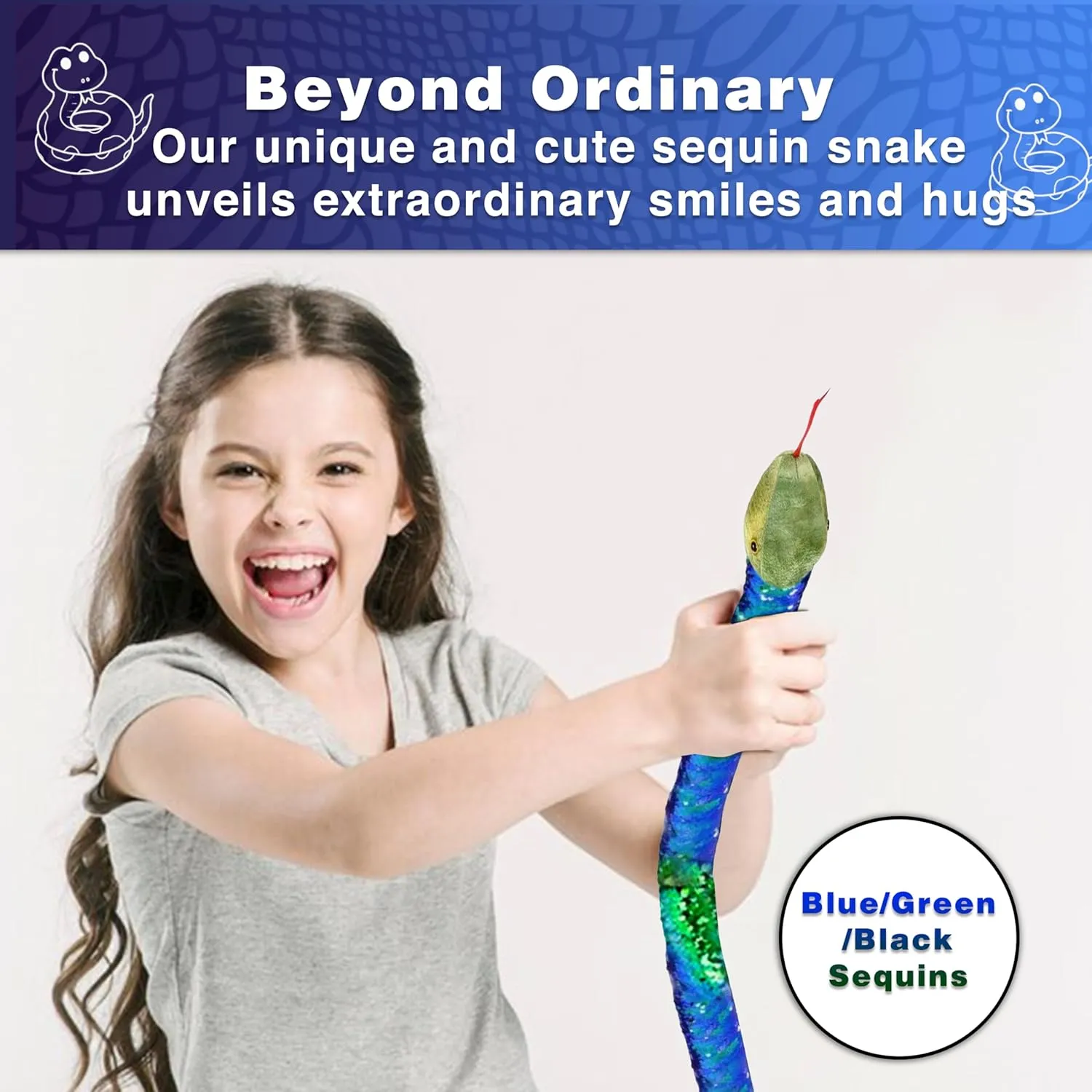 Forest & Twelfth 67” Reversible Flip Sequin Snake Stuffed Animal Toys for Kids, Sensory Fidget Toy, Soft Plush, Cool Room Decor for Girls & Boys (Blue-Green/Lime Green)