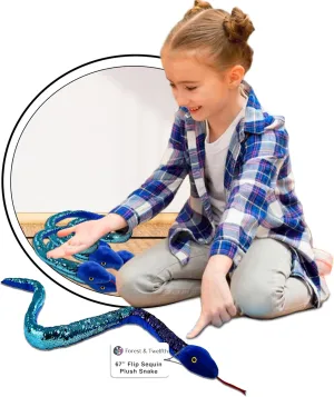 Forest & Twelfth 67” Reversible Flip Sequin Snake Stuffed Animal Toys for Kids, Sensory Fidget Toy, Soft Plush, Cool Room Decor for Girls & Boys (Blue-Green/Lime Green)