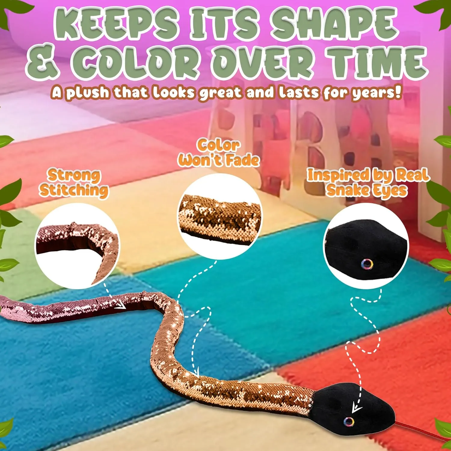 Forest & Twelfth 67” Reversible Flip Sequin Snake Stuffed Animal Toys for Kids, Sensory Fidget Toy, Soft Plush, Cool Room Decor for Girls & Boys (Copper/Black)