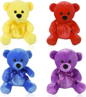 Forest & Twelfth Set of 4 Small Teddy Bear Plushies 8” Crayon Bear Plush Dolls, Cuddly Mini Stuffed Animals with Matching Bows, for Birthdays, Valentines, Graduation