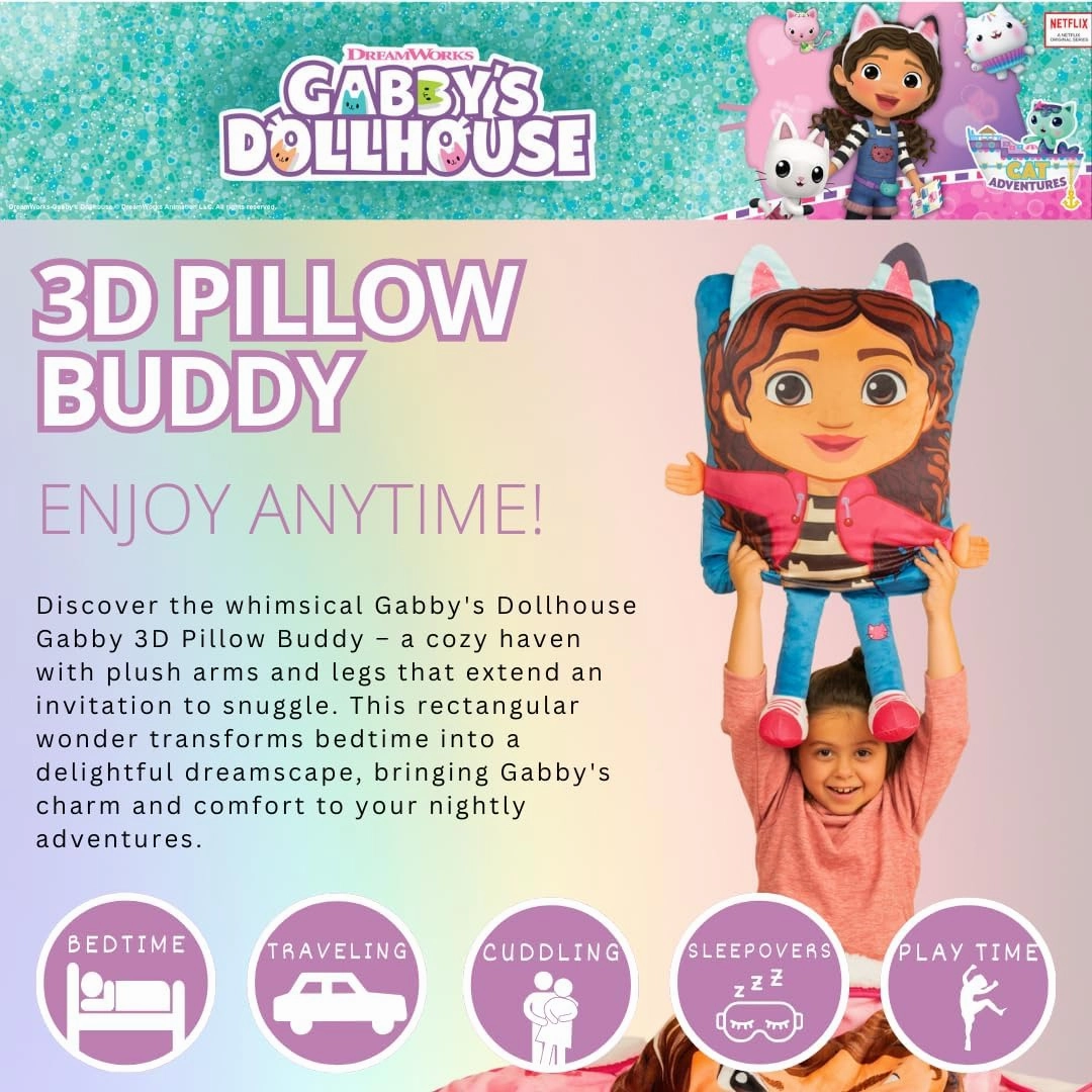 Franco Kids Super Plush Cozy (100% Officially Licensed Product) 3D Pillow Buddy, 16 in x 20 in, Gabby's Dollhouse