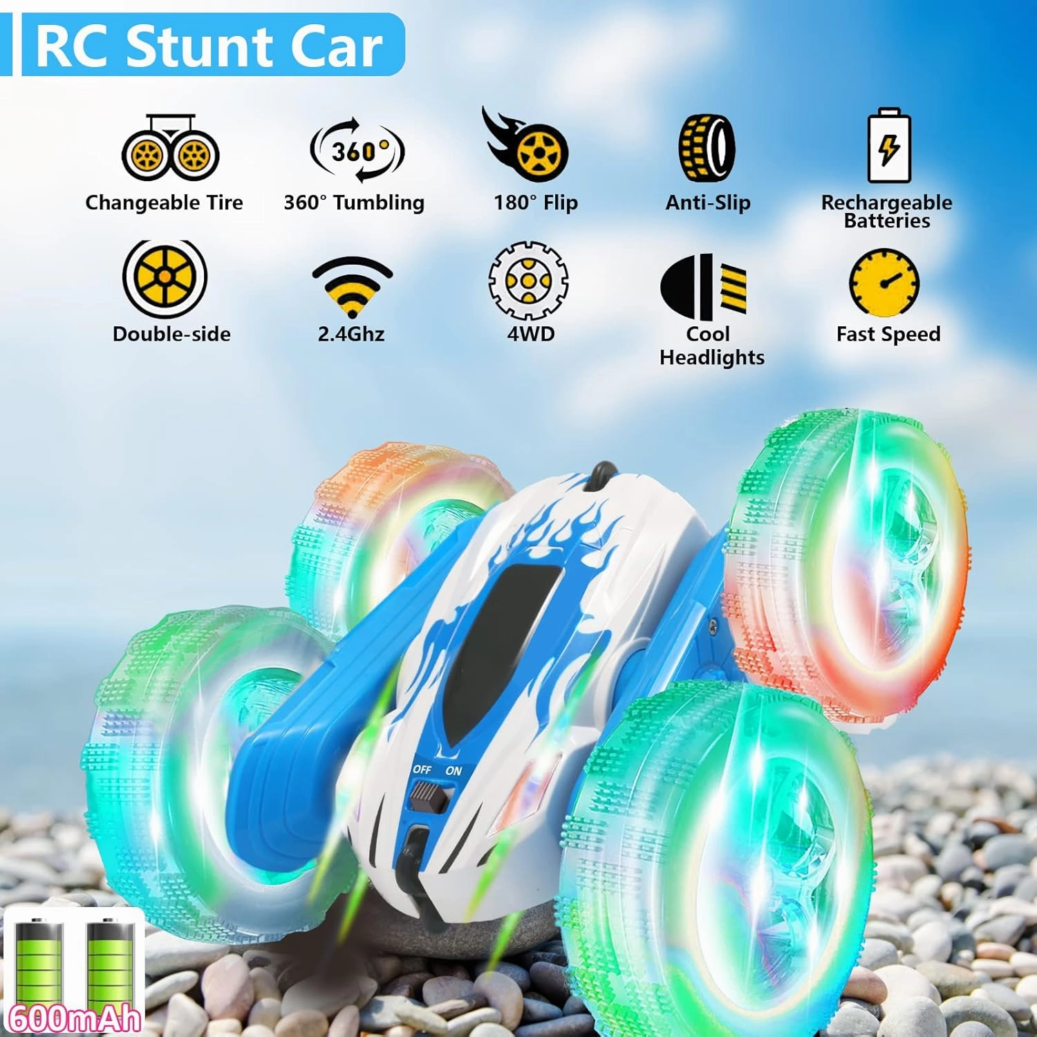 FREE TO FLY Remote Control Car For Boys: Kids RC Stunt Cars Toy with Headlights & WheelLights Double-Sided Driving 360°Flip Rotating Car Toys Gifts Presents for Boy Girls Age 6 7 8 9 10 11 12 Year Old