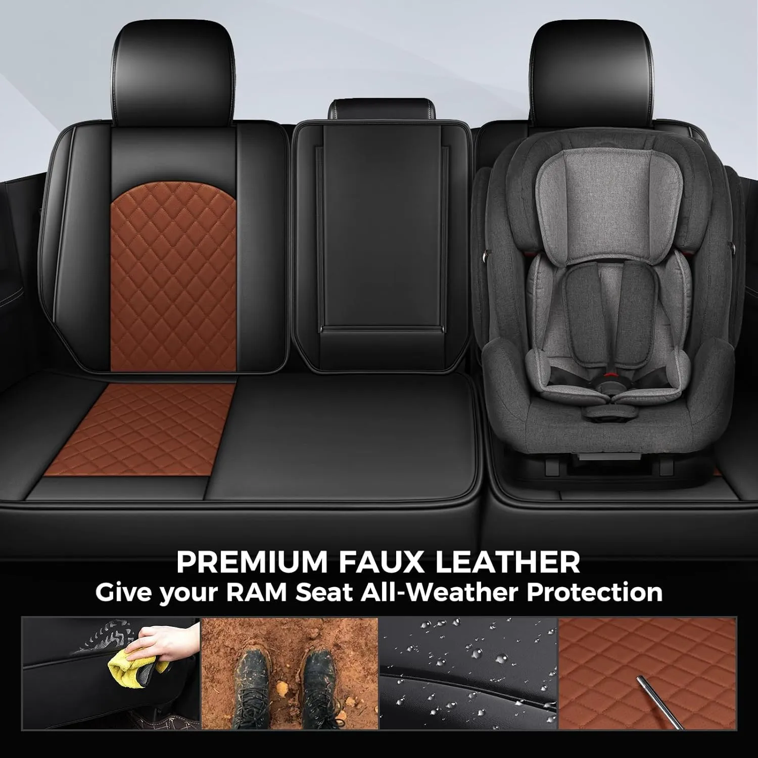FREESOO Car Seat Covers for Dodge Ram 2019-2025 1500 Crew Cab New Body Leather Seat Cover Limited Longhorn Rebel Laramie Big Horn Tradesman TRX Accessories Black Brown
