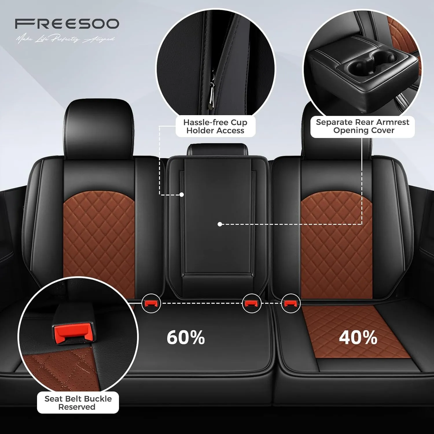 FREESOO Car Seat Covers for Dodge Ram 2019-2025 1500 Crew Cab New Body Leather Seat Cover Limited Longhorn Rebel Laramie Big Horn Tradesman TRX Accessories Black Brown