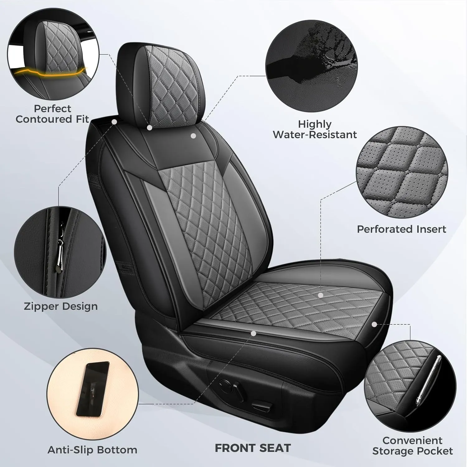 FREESOO Car Seat Covers for Dodge Ram 2019-2025 1500 Crew Cab New Body Leather Seat Cover Limited Longhorn Rebel Laramie Big Horn Tradesman TRX Accessories Black Grey