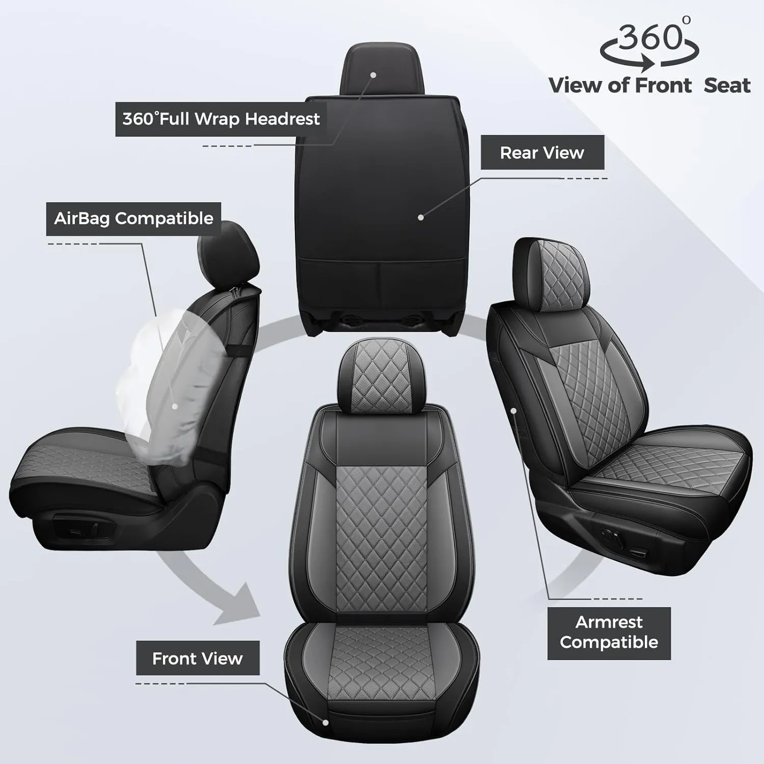 FREESOO Car Seat Covers for Dodge Ram 2019-2025 1500 Crew Cab New Body Leather Seat Cover Limited Longhorn Rebel Laramie Big Horn Tradesman TRX Accessories Black Grey