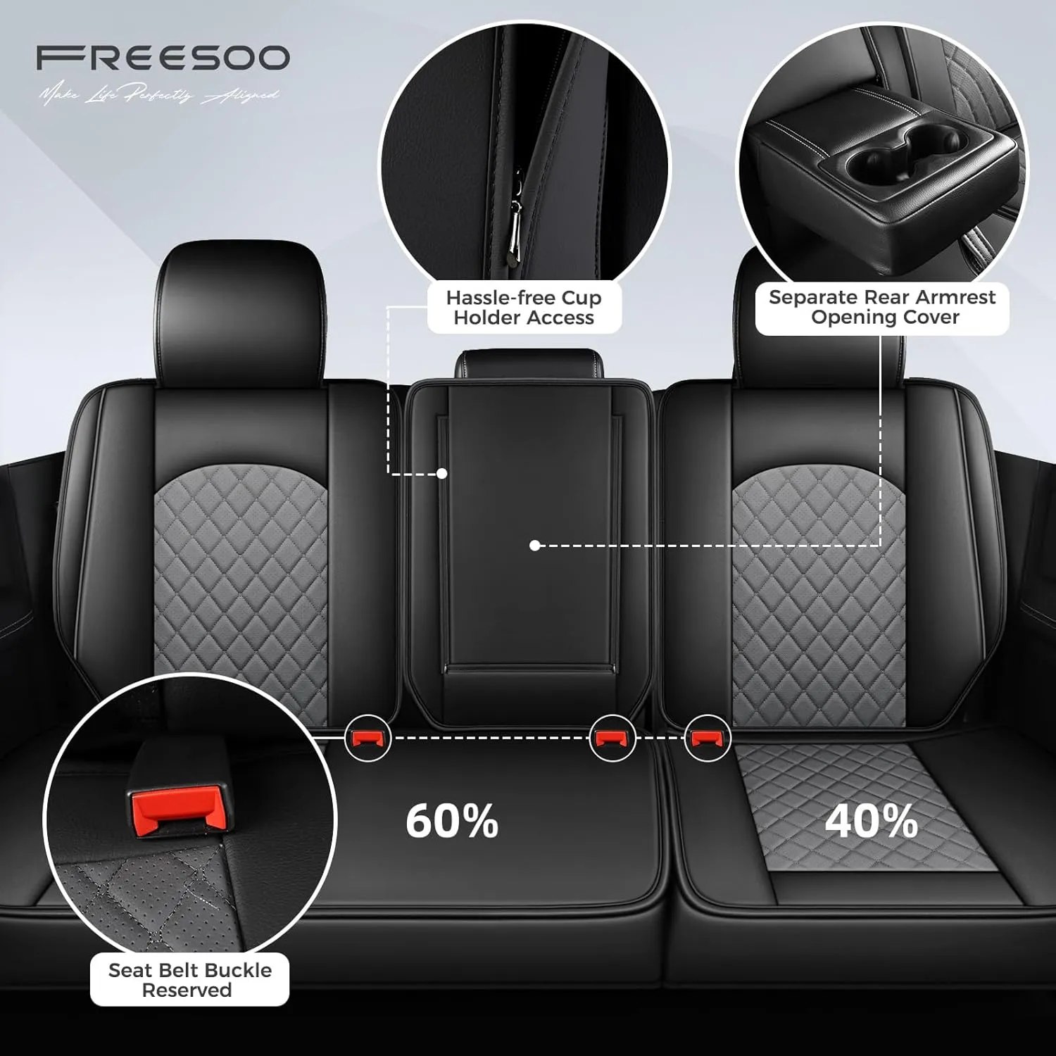 FREESOO Car Seat Covers for Dodge Ram 2019-2025 1500 Crew Cab New Body Leather Seat Cover Limited Longhorn Rebel Laramie Big Horn Tradesman TRX Accessories Black Grey