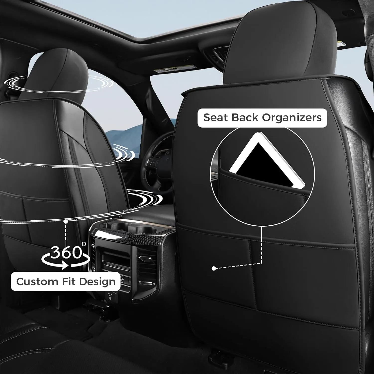 FREESOO Car Seat Covers for Dodge Ram 2019-2025 1500 Crew Cab New Body Leather Seat Cover Limited Longhorn Rebel Laramie Big Horn Tradesman TRX Accessories Black Grey