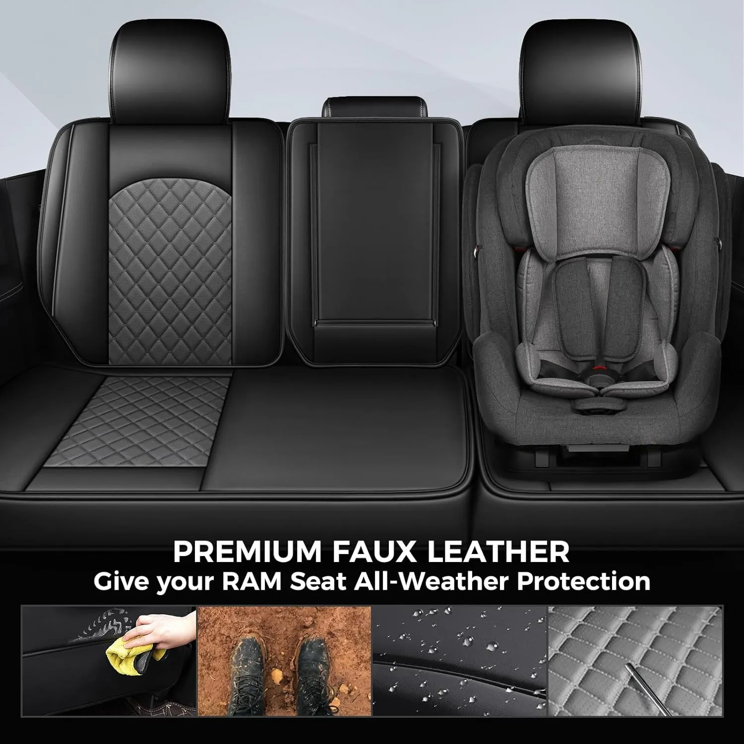 FREESOO Car Seat Covers for Dodge Ram 2019-2025 1500 Crew Cab New Body Leather Seat Cover Limited Longhorn Rebel Laramie Big Horn Tradesman TRX Accessories Black Grey