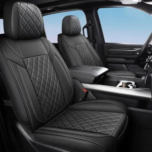 FREESOO Car Seat Covers for Dodge Ram 2019-2025 1500 Crew Cab New Body Leather Seat Cover Limited Longhorn Rebel Laramie Big Horn Tradesman TRX Pickup Truck Accessories Black