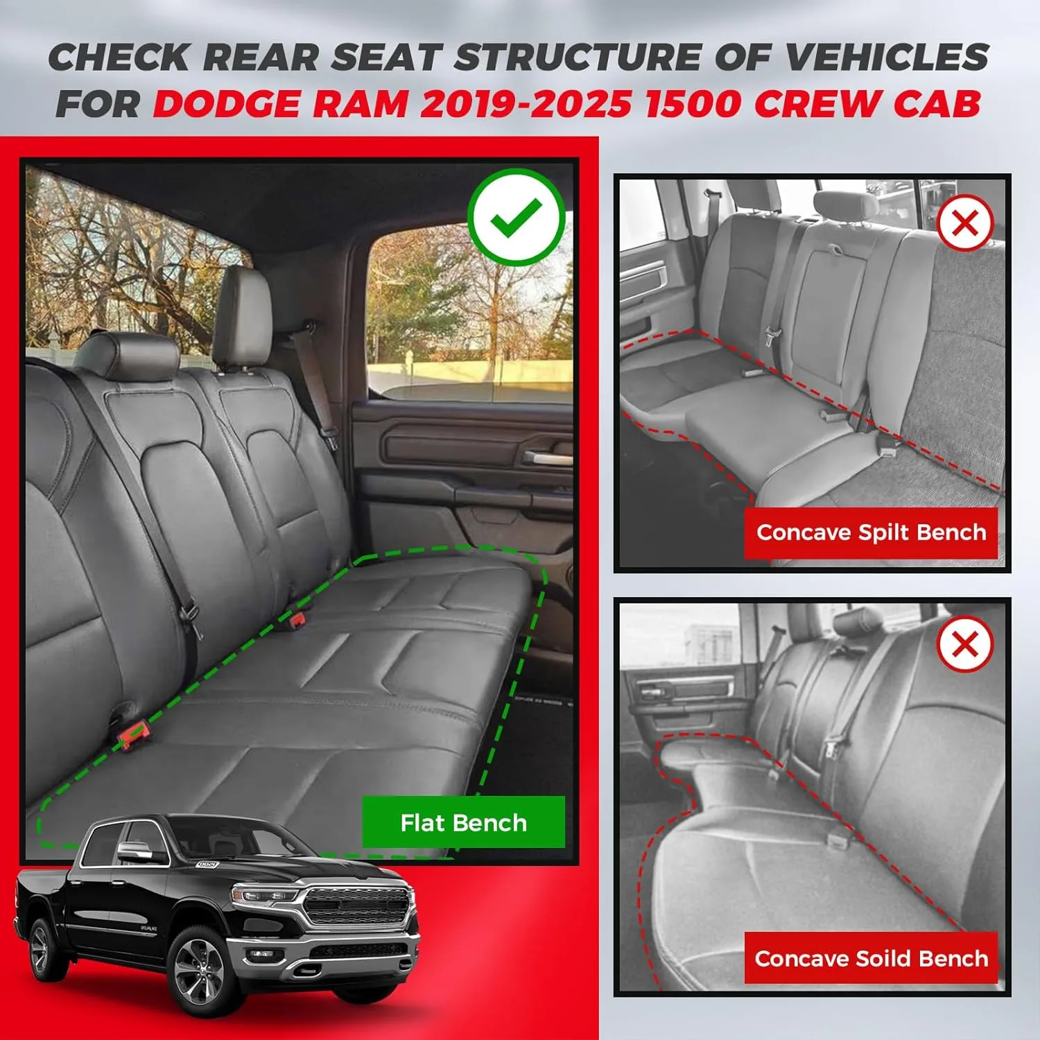 FREESOO Car Seat Covers for Dodge Ram 2019-2025 1500 Crew Cab New Body Leather Seat Cover Limited Longhorn Rebel Laramie Big Horn Tradesman TRX Pickup Truck Accessories Black