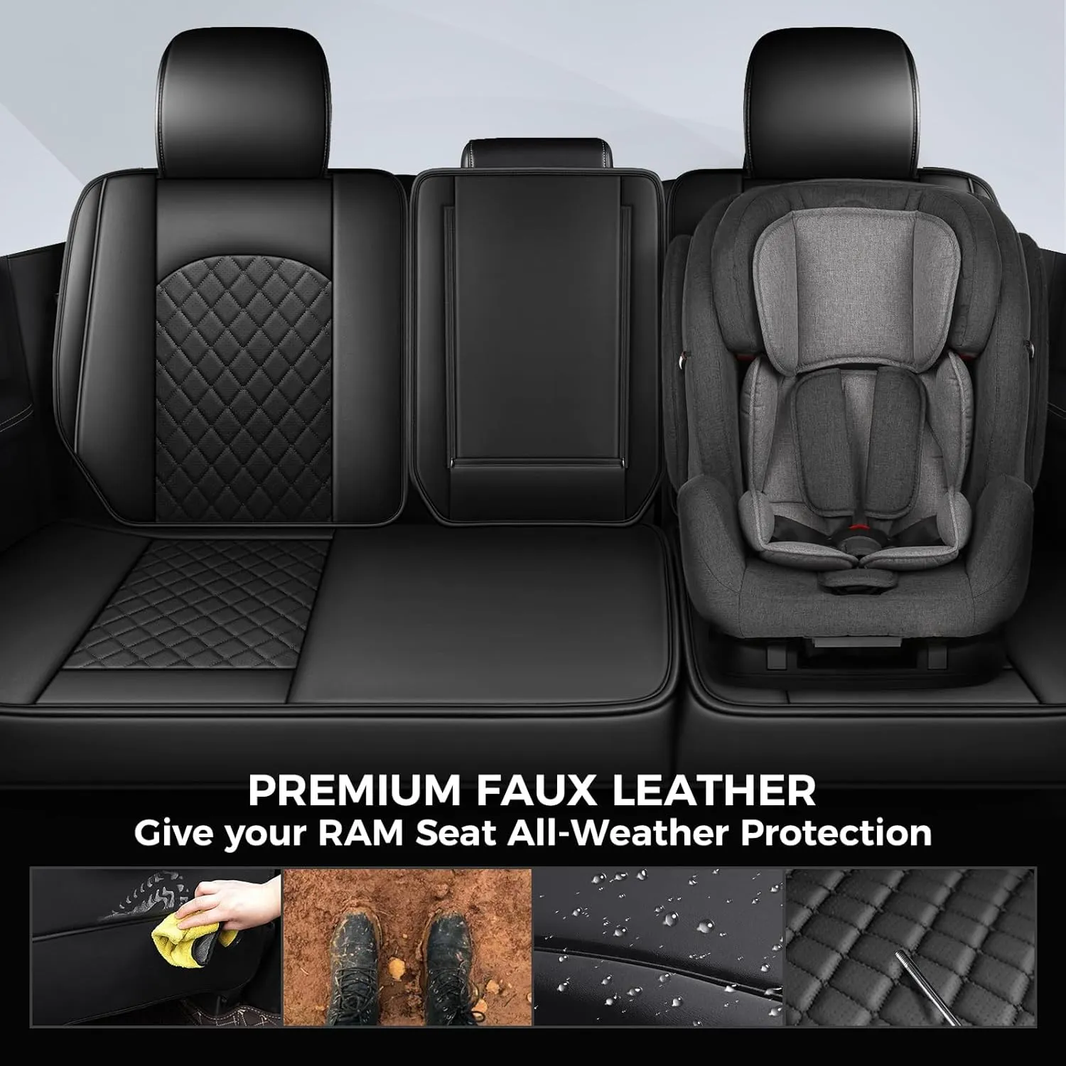 FREESOO Car Seat Covers for Dodge Ram 2019-2025 1500 Crew Cab New Body Leather Seat Cover Limited Longhorn Rebel Laramie Big Horn Tradesman TRX Pickup Truck Accessories Black