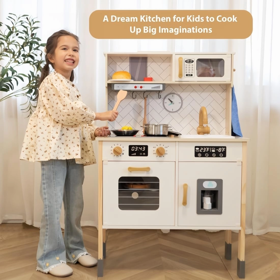 Freniland Wooden Play Kitchen, Kitchen Playset for Kids with Realistic Stove, Range Hood, Oven, Ice Maker, Microwave, Sink, with Light & Sound, 18 Accessories, Pretend Toy Kitchen, Gift for Ages 3 