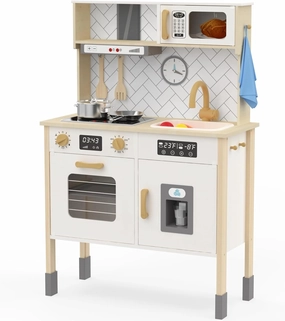 Freniland Wooden Play Kitchen, Kitchen Playset for Kids with Realistic Stove, Range Hood, Oven, Ice Maker, Microwave, Sink, with Light & Sound, 18 Accessories, Pretend Toy Kitchen, Gift for Ages 3 
